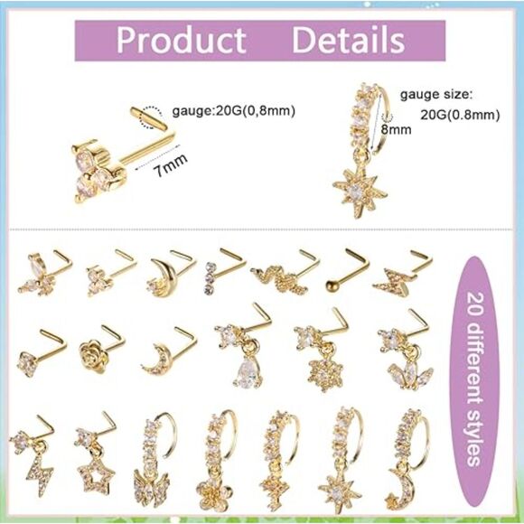SAMOCO 20Pcs 20G L Shaped Dangle Nose Rings Stainless Steel CZ Flower Studs - Picture 3 of 5